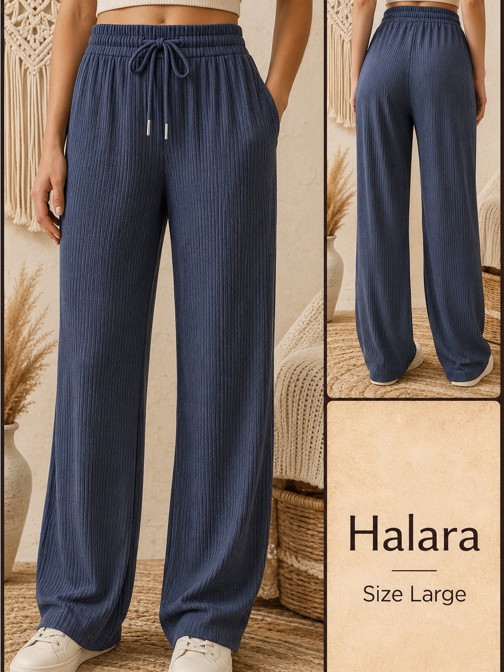 HALARA Ribbed Wide-Leg Drawstring Pants in Navy